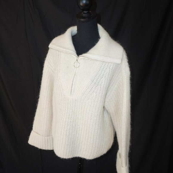 H&M Zip Chunky Alpaca Wool Creme Oversized Cable Knit Funnel Collar Sweater S - Picture 4 of 9